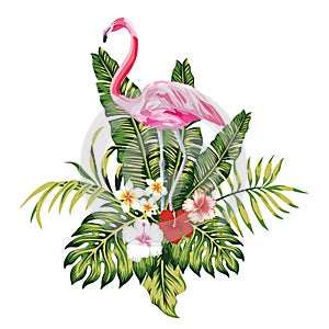 Composition of pink flamingo tropical leaves and flowers white b