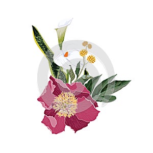 Composition with pink peony flowers, white callas lilies and many kind of exotic plants.