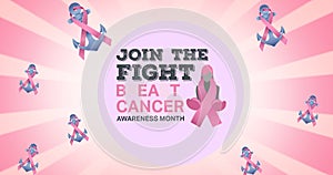 Composition of pink ribbon anchorn logo and breast cancer text on white background