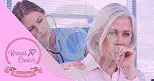 Composition of pink ribbon logo and breast cancer text, with female doctor and female patient