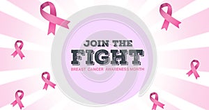 Composition of pink ribbon logo and breast cancer text on white background