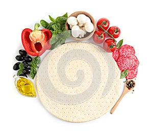 Composition with pizza crust and fresh ingredients on white background