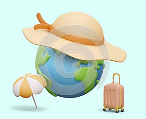 Composition with Planet Earth in blue and green colors, big hat, sun umbrella, and trolley bag