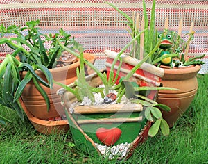 Composition of plants in a broken pot