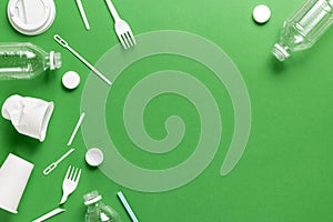 Composition of plastic waste pollution. Sorting and recycling. Disposable packaging. Ecological concept. Flat lay, top