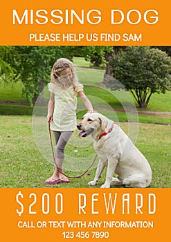Composition of poster with missing dog text over caucasian girl with pet dog on orange background