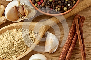 Composition of powder spices on spoon and different sorts of spicies on wooden table background, selective focus