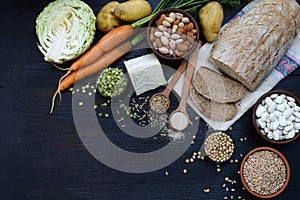 Composition of products containing thiamine, aneurin, vitamin B1 - whole grain bread, cereals, vegetables, legumes, soy, potatoes,