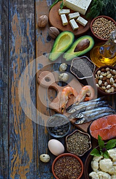 Composition of products containing unsaturated fatty acids Omega 3 - fish, nuts, tofu, avocado, egg, soybean, flax, pumpkin seeds,