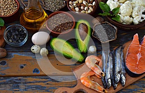 Composition of products containing unsaturated fatty acids Omega 3 - fish, nuts, avocado, eggs, soybeans, flax, pumpkin seeds, chi photo