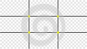 Composition Proportions guidelines set, attention spot of rule of thirds template in 16 by 9 ratio monitor display. Rule