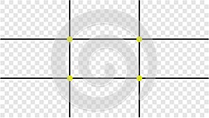 Composition Proportions guidelines set, attention spot of rule of thirds template in 16 by 9 ratio monitor display. Rule photo