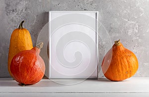 Composition with pumpkins and empty white frame on white wooden table on concrete backdrop. Mock up.