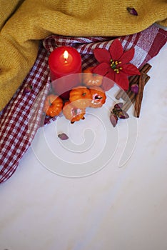 Composition of pumpkins, lighted cinnamon candles and buds. Background for halloween.