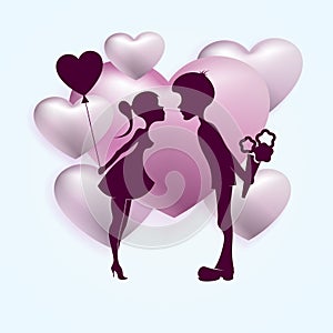 A composition of purple from hearts with a dark silhouette of a guy and a girl with a ball