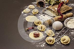 Composition with raw dumplings and ingredients on trendy black stone concrete background. Process of cooking