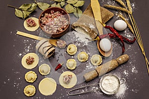 Composition with raw dumplings and ingredients on trendy black stone concrete background. Process of cooking