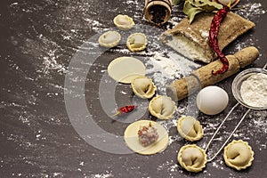 Composition with raw dumplings and ingredients on trendy black stone concrete background. Process of cooking