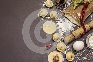 Composition with raw dumplings and ingredients on trendy black stone concrete background. Process of cooking