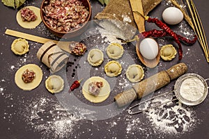 Composition with raw dumplings and ingredients on trendy black stone concrete background. Process of cooking