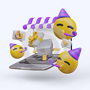 Composition with realistic laptop, open gift box, and flying yellow emoticons
