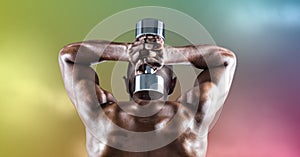 Composition of rear view of muscular strong african american man lifting dumbbells