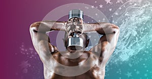 Composition of rear view of muscular strong african american man lifting dumbbells and stars