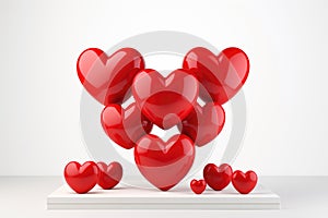 Composition of red 3d hearts on white isolated background.