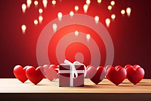 Composition with red gift box tied with ribbon surrounded by several 3D red hearts on the red background. Love