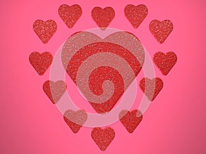 Composition of red glitter hearts on pink background. Digital illustration. 3d render.
