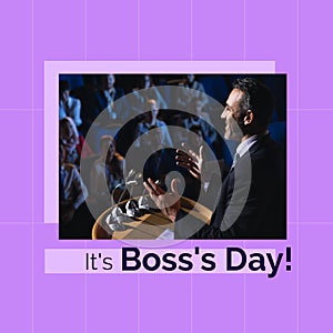 Composition of it\'s boss\'s day text over diverse business people on purple background