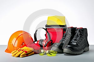 Composition with safety equipment, protective shoes, safety glasses, gloves and hearing protection