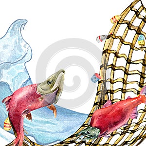 Composition of salmon, coho and fishnet watercolor illustration isolated on white.