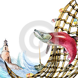 Composition of salmon, coho and fishnet watercolor illustration isolated on white.