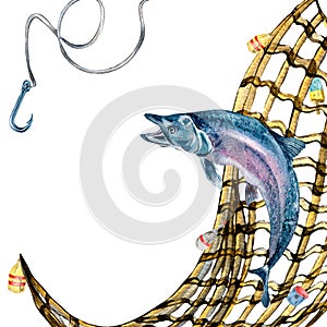 Composition of salmon, trout and fishnet watercolor illustration isolated on white.