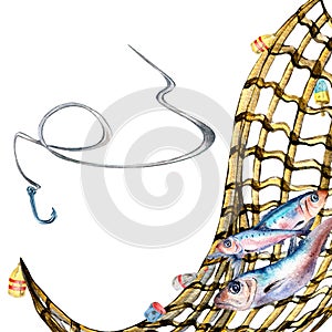 Composition of sardines and fishnet watercolor illustration isolated on white.