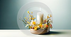 Composition with Scented Candle in Bowl Surrounded by Yellow Daffodils Flowers and Spring Blossom Twigs.Celebration spring photo