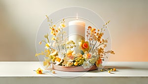 Composition with Scented Candle in Bowl Surrounded by Yellow Daffodils Flowers and Spring Blossom Twigs.Celebration spring photo