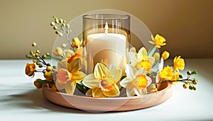 Composition with Scented Candle in Bowl Surrounded by Yellow Daffodils Flowers and Spring Blossom Twigs.Celebration spring photo