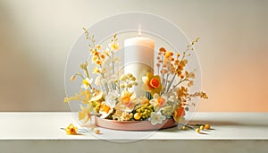 Composition with Scented Candle in Bowl Surrounded by Yellow Daffodils Flowers and Spring Blossom Twigs.Celebration spring
