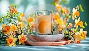 Composition with Scented Candle in Bowl Surrounded by Yellow Daffodils Flowers and Spring Blossom Twigs.Celebration spring