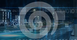 Composition of scope scanning, white screens and binary coding over cityscape