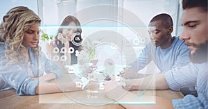 Composition of screen with digital data processing over business people using smartphones