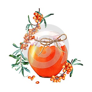 Composition with sea buckthorn and glass jar with fabric cover, filled with jam. Watercolor illustration isolated.