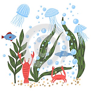 Composition sea fauna on white background. Cartoon cute jellyfish, fish, crayfish crab, bubble and seaweed in doodle