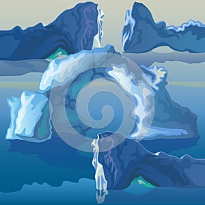 The composition of the sea of icebergs and ice arches. Vector illustration.