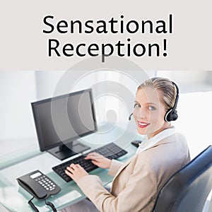 Composition of sensational reception text over caucasian businesswoman using phone headset