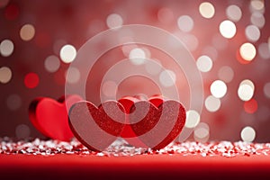 Composition with several soft red hearts on the red surface with red and white confetti. Red background with bokeh