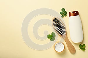 Composition with shampoo bottle on background, space for text
