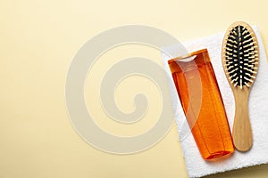 Composition with shampoo bottle on background, space for text